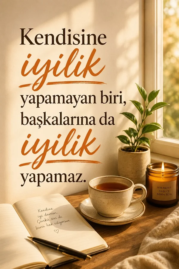 Pencere kenarında fincan, mum, defter ve saksı bitkisi bulunan sıcak bir masa sahnesi üzerinde “Kendisine iyilik yapamayan biri, başkalarına da iyilik yapamaz.” sözü yazıyor.