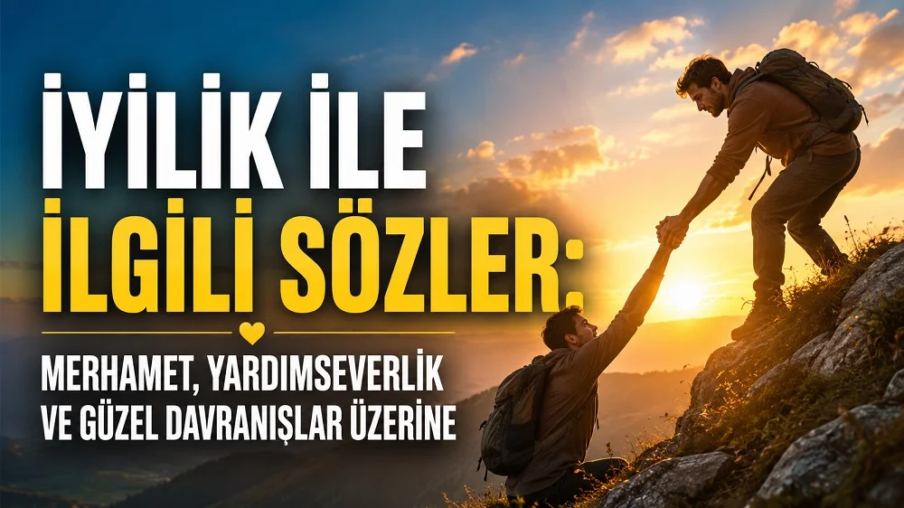 Dağ yamacında birbirine yardım eden iki kişinin yer aldığı, gün batımı tonlarında hazırlanmış “İyilik ile İlgili Sözler” kapak görseli.