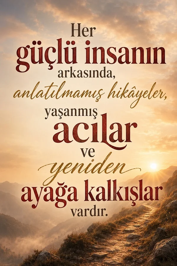 Gün ışığıyla aydınlanan dağ yolunda “Her güçlü insanın arkasında, anlatılmamış hikâyeler, yaşanmış acılar ve yeniden ayağa kalkışlar vardır.” sözü.