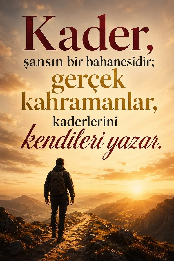 Dağ yolunda gün batımına doğru yürüyen kişi ve “Kader, şansın bir bahanesidir; gerçek kahramanlar kaderlerini kendileri yazar.” sözü.
