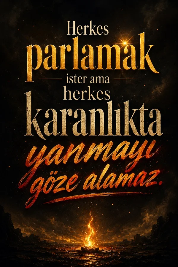 Karanlık arazide yanan ateş üzerinde “Herkes parlamak ister ama herkes karanlıkta yanmayı göze alamaz.” sözü.