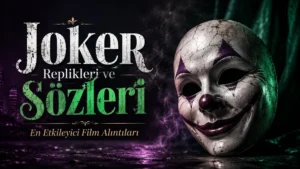 Karanlık ve dumanlı arka planda, mor ve yeşil ışık tonlarıyla aydınlatılmış maskenin yer aldığı yatay kapak görselinde, sol tarafta “Joker Replikleri ve Sözleri” başlığı ve “En Etkileyici Film Alıntıları” alt metni bulunuyor.