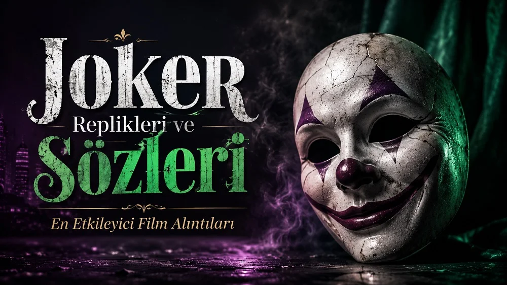 Karanlık ve dumanlı arka planda, mor ve yeşil ışık tonlarıyla aydınlatılmış maskenin yer aldığı yatay kapak görselinde, sol tarafta “Joker Replikleri ve Sözleri” başlığı ve “En Etkileyici Film Alıntıları” alt metni bulunuyor.