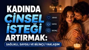 Loş ve sıcak ışıklı romantik ortamda sevgi, saygı ve bilinç temalarını vurgulayan çift görseliyle hazırlanmış “Kadında Cinsel İsteği Artırmak” kapak tasarımı.