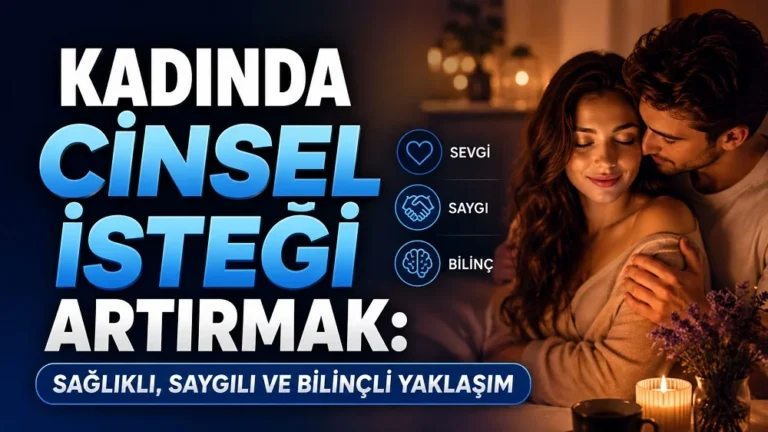 Loş ve sıcak ışıklı romantik ortamda sevgi, saygı ve bilinç temalarını vurgulayan çift görseliyle hazırlanmış “Kadında Cinsel İsteği Artırmak” kapak tasarımı.