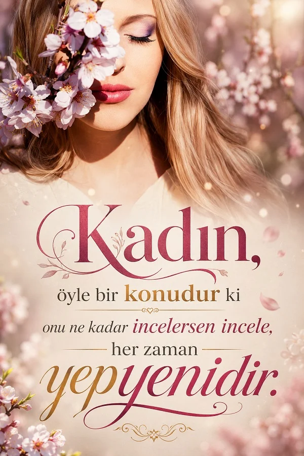 Pembe çiçeklerin arasında gözleri kapalı bir kadın portresi üzerinde “Kadın, öyle bir konudur ki onu ne kadar incelersen incele, her zaman yepyenidir.” sözü.