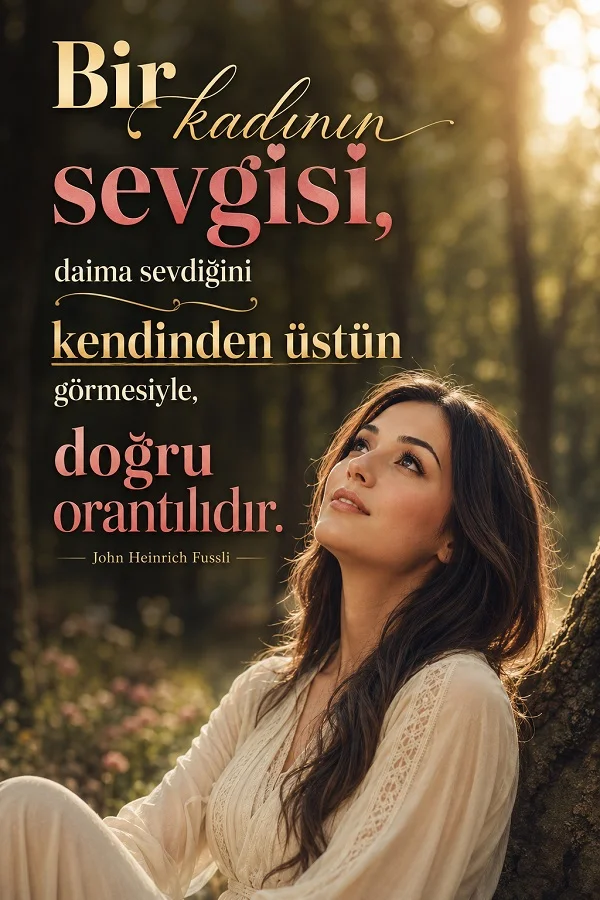 Ağaç dibinde oturan bir kadının yer aldığı doğal manzara üzerinde “Bir kadının sevgisi, daima sevdiğini kendinden üstün görmesiyle, doğru orantılıdır.” John Heinrich Fussli sözü.