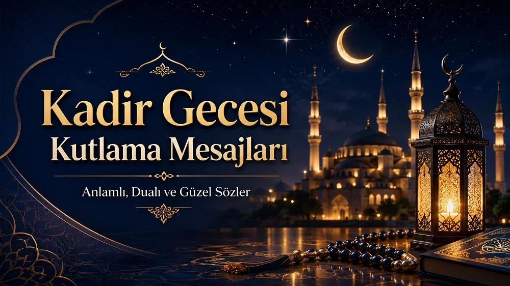 Kadir Gecesi Kutlama Mesajları yazısının yer aldığı, hilal, yıldızlı gece, cami silüeti, kandil, tesbih ve Kur’an-ı Kerim detayları bulunan manevi kapak görseli.