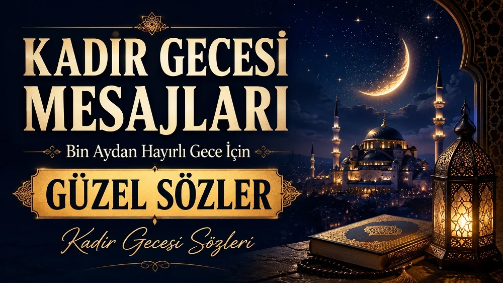 Kadir Gecesi mesajları başlıklı, hilalli gece manzarası, cami silüeti, kandil feneri, Kur’an-ı Kerim ve tesbih detaylarıyla hazırlanmış dini ve manevi kapak görseli.