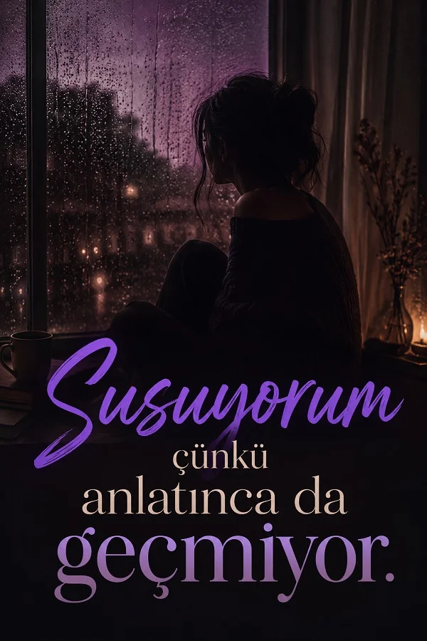 Yağmurlu pencere önünde oturan kadın ve susmanın sebebini anlatınca da acının geçmemesi olarak anlatan hüzünlü söz.