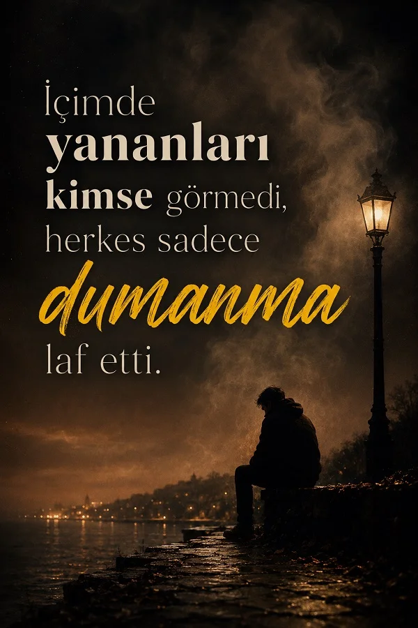 Gece kıyısında yalnız oturan adam ve içte yananları kimsenin görmeyip yalnızca dumanına laf ettiğini anlatan anlamlı söz.