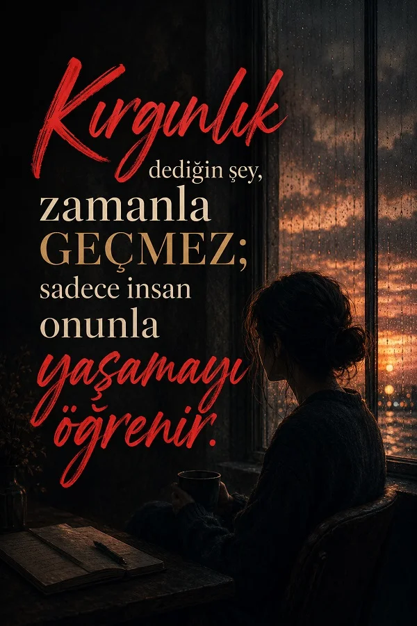 Yağmurlu pencere önünde oturan kadın ve kırgınlığın geçmeyip insanın onunla yaşamayı öğrendiğini anlatan duygusal söz.
