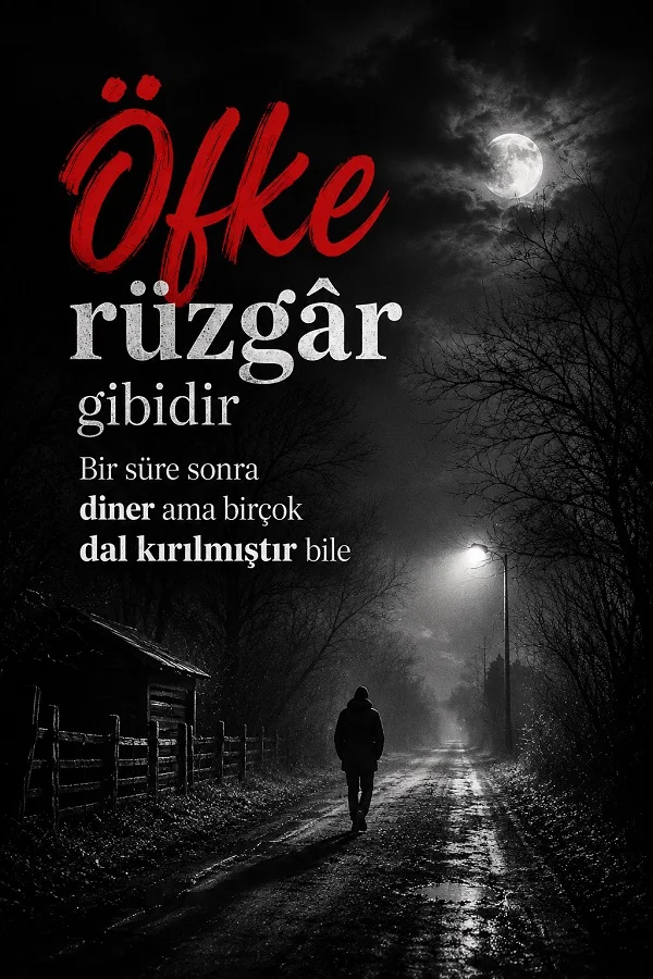 Gece ay ışığında ıssız yolda yürüyen kişi ve öfkenin rüzgar gibi dalsa da birçok dalı kırdığını anlatan anlamlı söz.