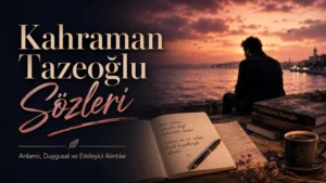 Gün batımı, deniz manzarası, defter, kalem ve kitap detaylarıyla hazırlanmış Kahraman Tazeoğlu sözleri kapak görseli.