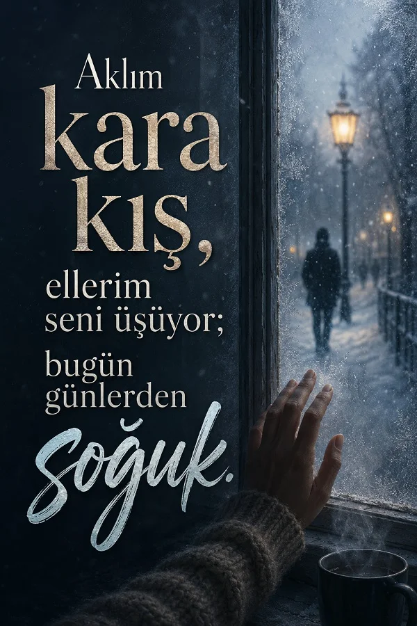 Karlı pencereye dokunan el, dışarıda yürüyen bir kişi ve fincan eşliğinde “Aklım kara kış, ellerim seni üşüyor; bugün günlerden soğuk” yazılı duygusal söz görseli.