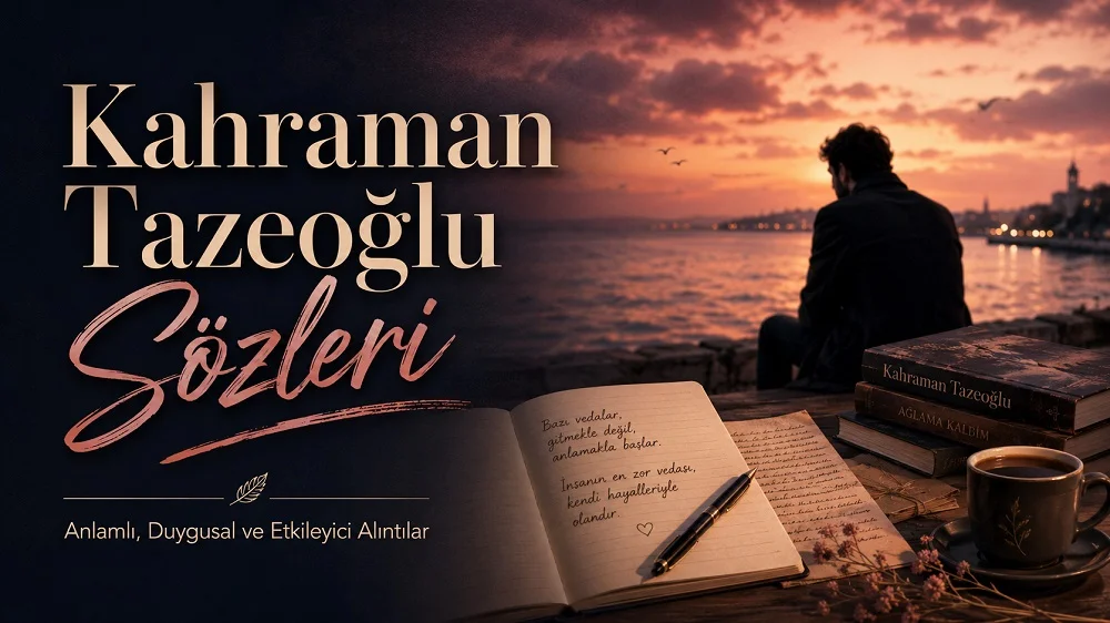 Gün batımı, deniz manzarası, defter, kalem ve kitap detaylarıyla hazırlanmış Kahraman Tazeoğlu sözleri kapak görseli.