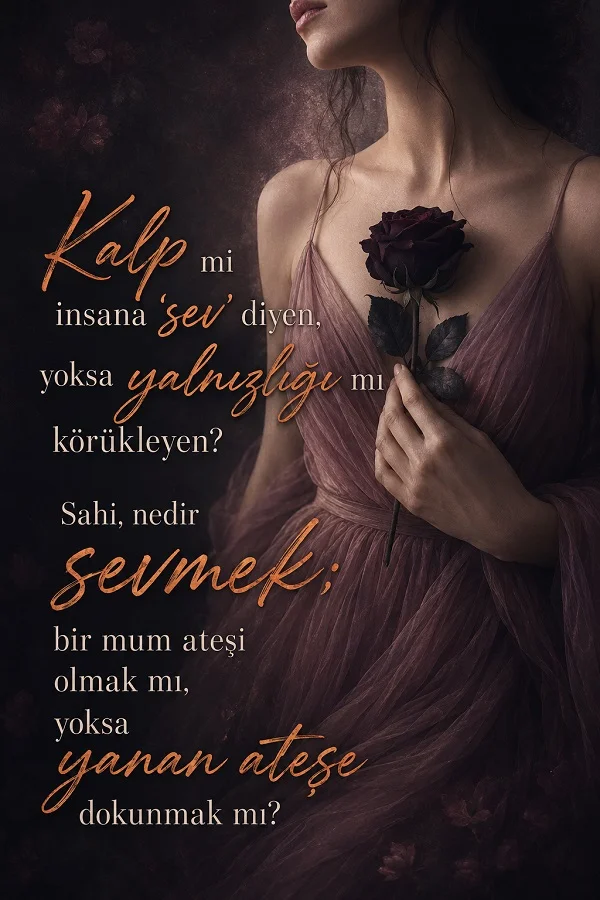 Mor elbiseli bir kadının göğsünde koyu renk gül tuttuğu görselde, sevgi ve yalnızlık üzerine sorgulayıcı bir söz yer alıyor.