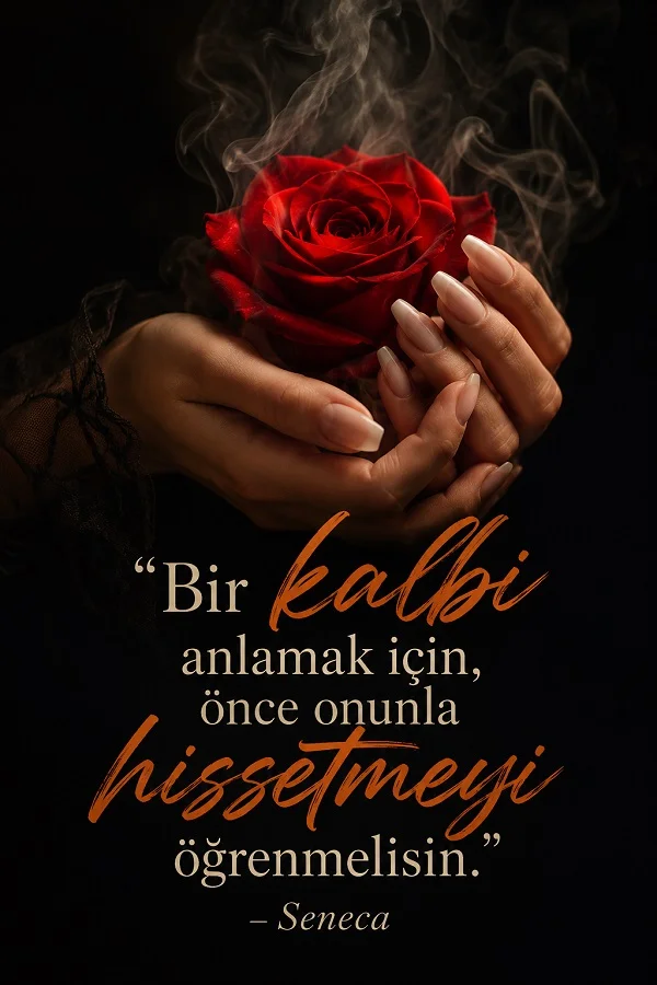 Eller arasında tutulan kırmızı gülün yer aldığı görselde, Seneca’ya ait kalbi anlamak ve hissetmek üzerine bir söz bulunuyor.