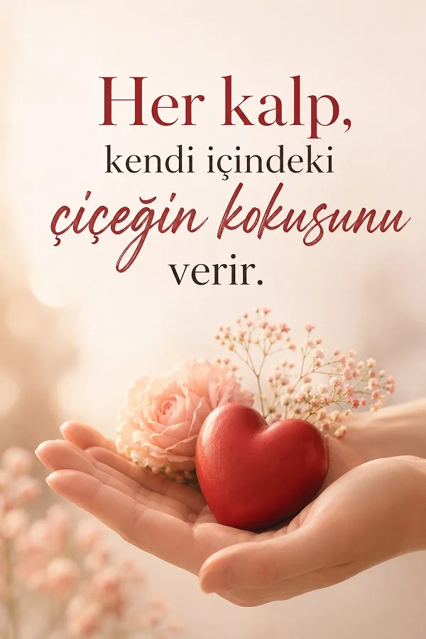 Avuç içinde kırmızı kalp ve çiçek bulunan görselde, her kalbin içindeki çiçeğin kokusunu verdiğini anlatan bir söz yer alıyor.