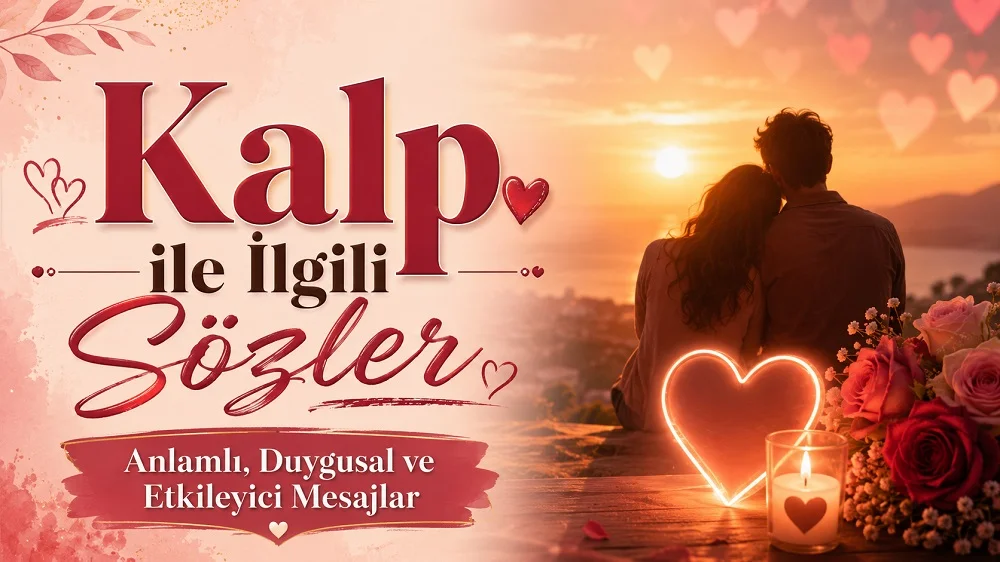 Gün batımı manzarası önünde yan yana oturan romantik bir çiftin yer aldığı yatay kapak görselinde, sol tarafta “Kalp ile ilgili Sözler” başlığı ve “Anlamlı, Duygusal ve Etkileyici Mesajlar” alt metni; sağ tarafta kalp ışığı, mum ve çiçek detayları bulunuyor.