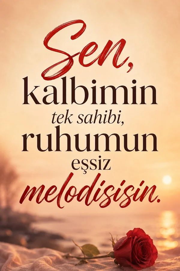 Gün batımında sahil fonu önünde kırmızı gül bulunan romantik tasarımda, “Sen, kalbimin tek sahibi, ruhumun eşsiz melodisisin.” yazılı aşk sözü.