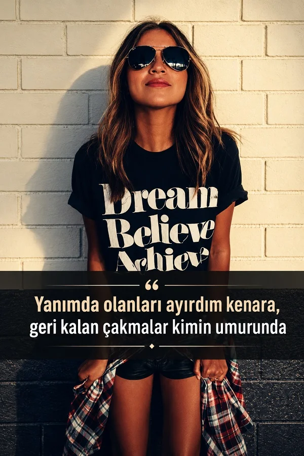 Duvar önünde güneş gözlüğü takan bir kadının yer aldığı görselde “Yanımda olanları ayırdım kenara, geri kalan çakmalar kimin umurunda” sözü bulunuyor.