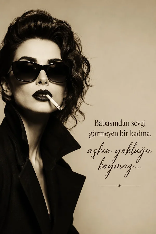 Güneş gözlüğü takan ve sigara tutan şık bir kadın portresi üzerinde “Babasından sevgi görmeyen bir kadına, aşkın yokluğu koymaz...” sözü yer alıyor.