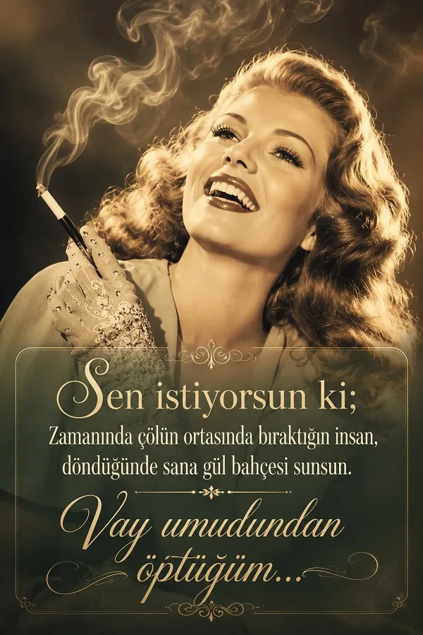 Gülümseyen ve sigara tutan nostaljik görünümlü bir kadın portresi üzerinde “Sen istiyorsun ki; zamanında çölün ortasında bıraktığın insan, döndüğünde sana gül bahçesi sunsun. Vay umudundan öptüğüm...” yazısı bulunuyor.