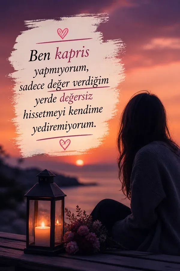 Gün batımında oturan kadın ve duygusal kapris sözleri içeren görsel