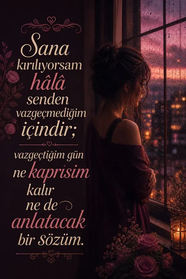 Pencere kenarında duran kadın ve kırgınlık temalı söz görseli