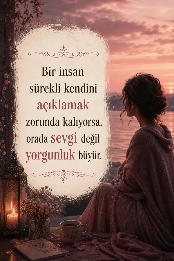 Düşünceli kadın ve sevgi-yorgunluk temalı söz görseli