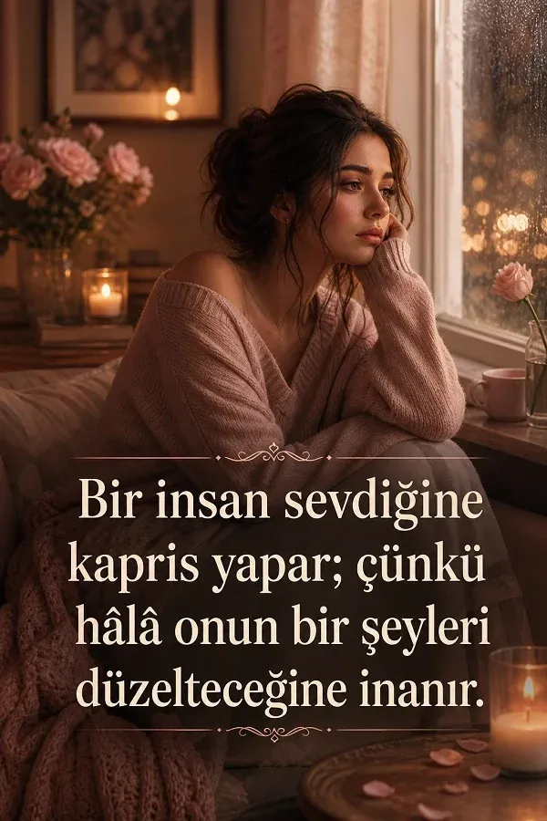 Ev ortamında oturan kadın ve kapris temalı duygusal söz görseli