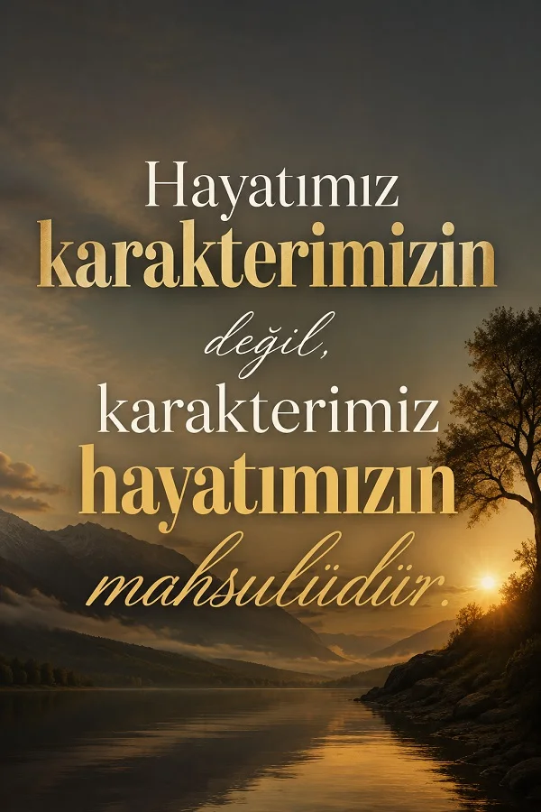 Dağ ve göl manzaralı gün batımı fonu üzerinde “Hayatımız karakterimizin değil, karakterimiz hayatımızın mahsulüdür.” sözü yer alıyor.