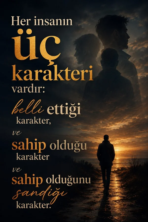 Gün batımında yürüyen bir erkek silüeti ve arka planda farklı siluet yüzlerin bulunduğu görsel üzerinde “Her insanın üç karakteri vardır: belli ettiği karakter, sahip olduğu karakter ve sahip olduğunu sandığı karakter.” yazıyor.