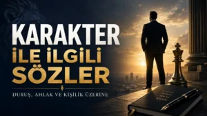 Koyu ve altın tonlarda hazırlanmış kapak görselinde, şehir manzarasına karşı duran erkek figürü, satranç taşı, defter ve “Karakter ile İlgili Sözler” başlığı yer alıyor.