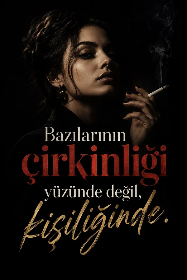 Karanlık fonda sigara tutan bir kadın portresinin yer aldığı görsel üzerinde “Bazılarının çirkinliği yüzünde değil, kişiliğinde.” sözü yazıyor.