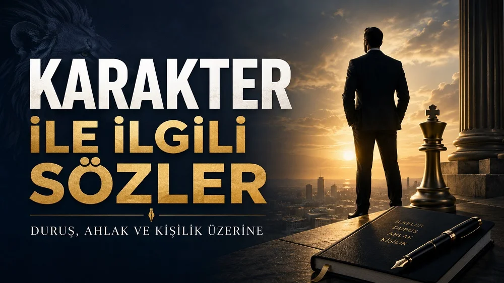 Koyu ve altın tonlarda hazırlanmış kapak görselinde, şehir manzarasına karşı duran erkek figürü, satranç taşı, defter ve “Karakter ile İlgili Sözler” başlığı yer alıyor.