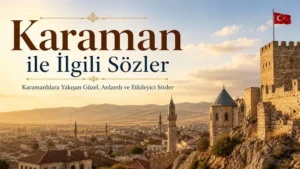 Karaman şehir manzarası, tarihi kale yapısı, minareler ve Türk bayrağı eşliğinde hazırlanmış Karaman ile ilgili sözler kapak görseli.