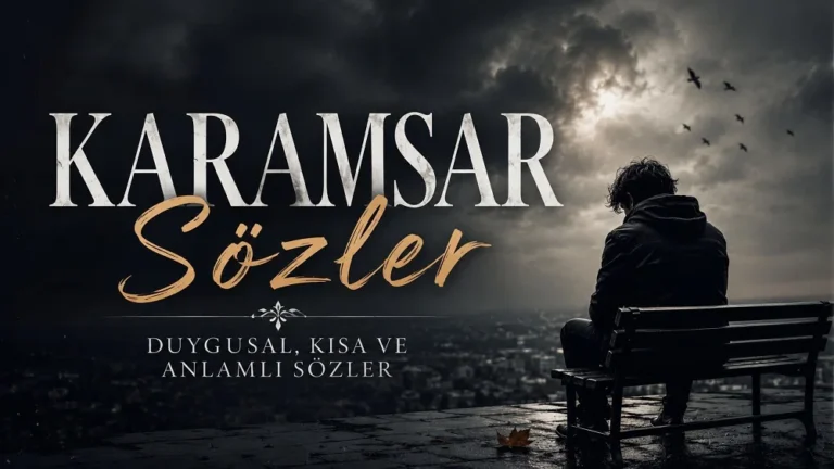 Fırtınalı ve karanlık bir gökyüzü altında bankta yalnız oturan kişi silüetiyle hazırlanmış, üzerinde “Karamsar Sözler” yazısı bulunan duygusal kapak görseli.