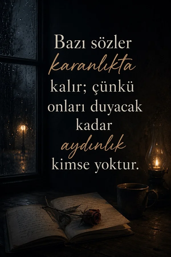 Yağmurlu pencere önünde açık defter, kupa ve lamba eşliğinde bazı sözlerin karanlıkta kaldığını anlatan duygusal söz.