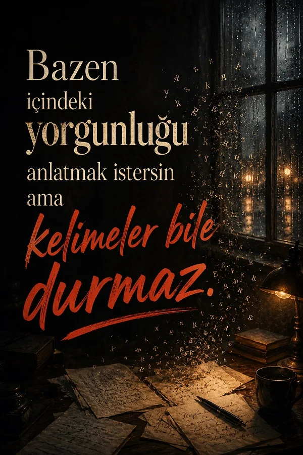 Yağmurlu pencere önünde dağılmış not kâğıtları ve kelimelerin bile durmadığını anlatan karanlık temalı söz.