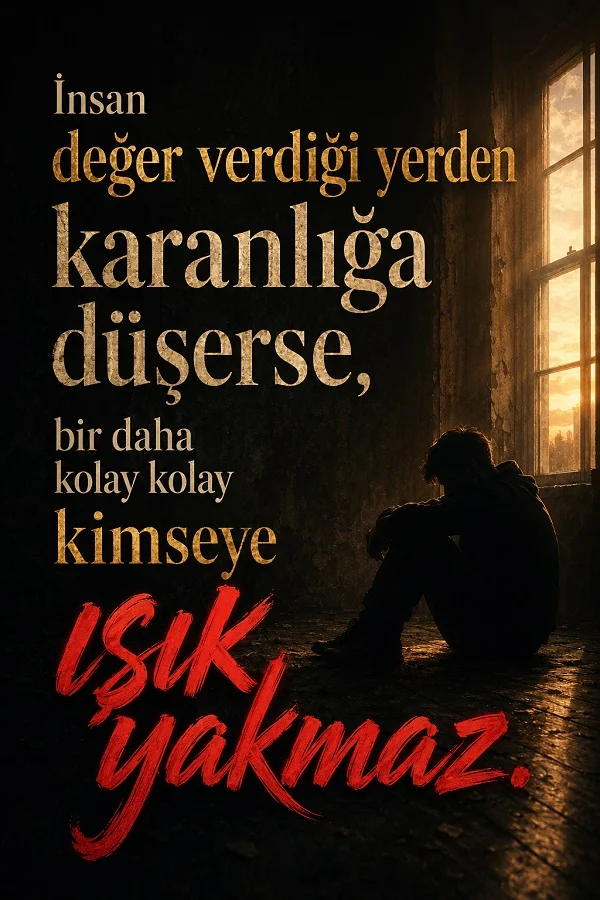 Pencere kenarında oturan yalnız adam ve insanın değer verdiği yerden karanlığa düşerse yeniden ışık yakmayacağını anlatan hüzünlü söz.