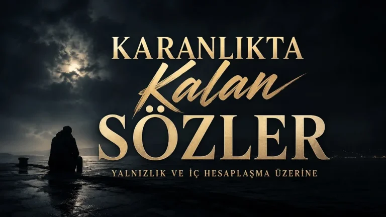 Ay ışığı altında deniz kenarında yalnız oturan bir kişi ve “Karanlıkta Kalan Sözler Yalnızlık ve İç Hesaplaşma Üzerine” yazılı karanlık temalı blog kapak görseli.