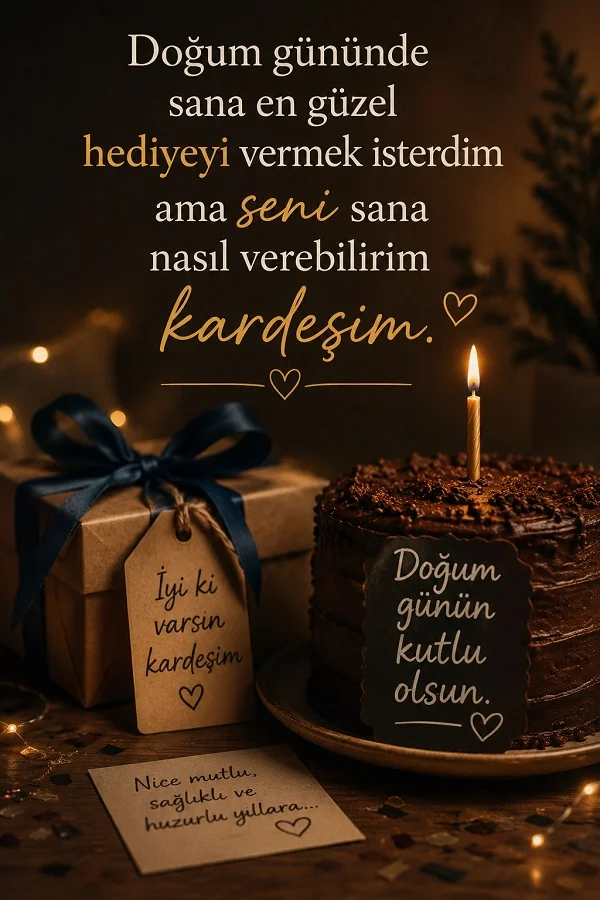 Pasta ve hediye kutusunun bulunduğu sıcak tonlardaki tasarımda “Doğum gününde sana en güzel hediyeyi vermek isterdim ama seni sana nasıl verebilirim kardeşim. Doğum günün kutlu olsun.” sözü yer alıyor.