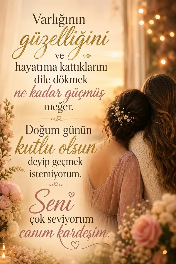 Birbirine sarılan iki kadın figürünün yer aldığı romantik tasarımda “Varlığının güzelliğini ve hayatıma kattıklarını dile dökmek ne kadar güçmüş meğer. Doğum günün kutlu olsun deyip geçmek istemiyorum. Seni çok seviyorum canım kardeşim.” mesajı yazıyor.