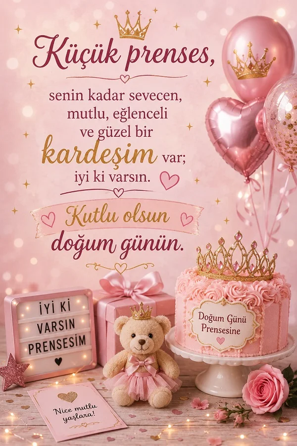 Pembe temalı doğum günü tasarımında ayıcık, pasta ve balonlarla birlikte “Küçük prenses, senin kadar sevecen, mutlu, eğlenceli ve güzel bir kardeşim var; iyi ki varsın. Kutlu olsun doğum günün.” sözü yazıyor.