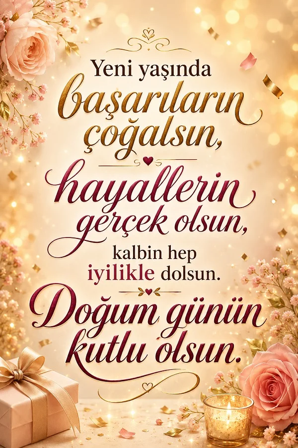 Çiçekler, hediye kutusu ve mum detaylarının bulunduğu zarif tasarımda “Yeni yaşında başarıların çoğalsın, hayallerin gerçek olsun, kalbin hep iyilikle dolsun. Doğum günün kutlu olsun.” mesajı yer alıyor.