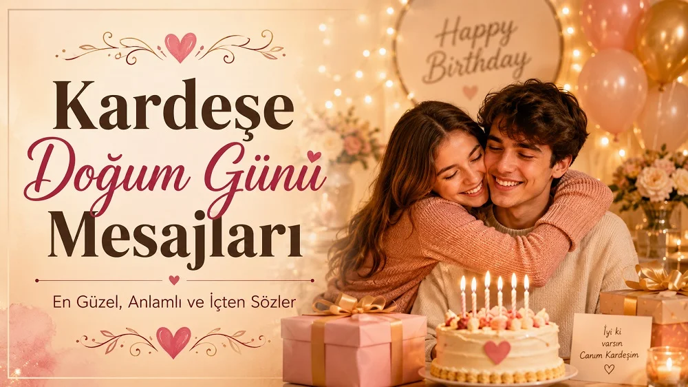 Doğum günü pastası, hediyeler ve balonlar eşliğinde birbirine sarılan kardeşlerin yer aldığı Kardeşe Doğum Günü Mesajları kapak görseli.
