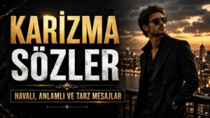 Gece şehir manzarası önünde siyah takım elbiseli, gözlüklü erkek figürü ve Karizma Sözler başlığıyla hazırlanmış havalı kapak tasarımı.
