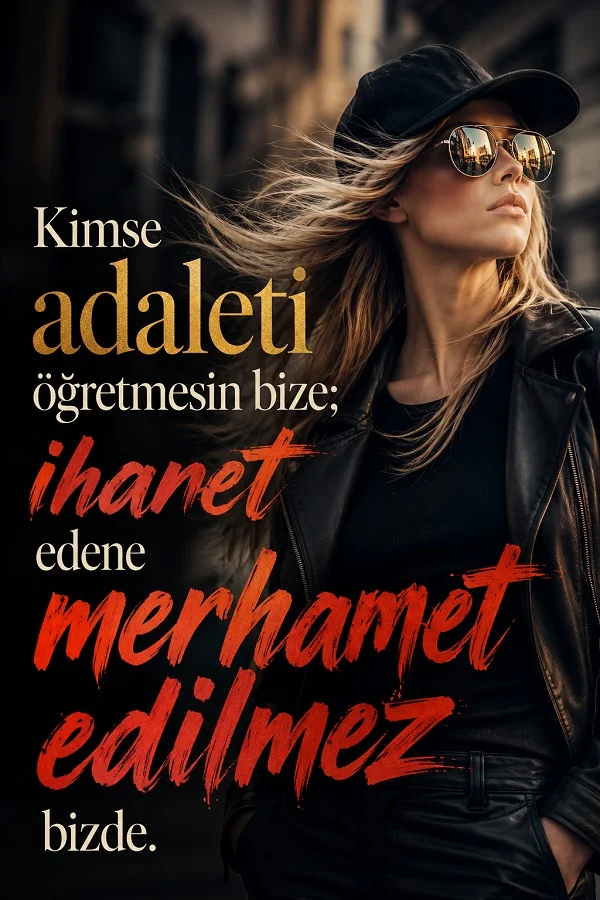 Koyu şehir arka planında şapkalı ve gözlüklü kadın ile “Kimse adaleti öğretmesin bize; ihanet edene merhamet edilmez bizde.” sözü.